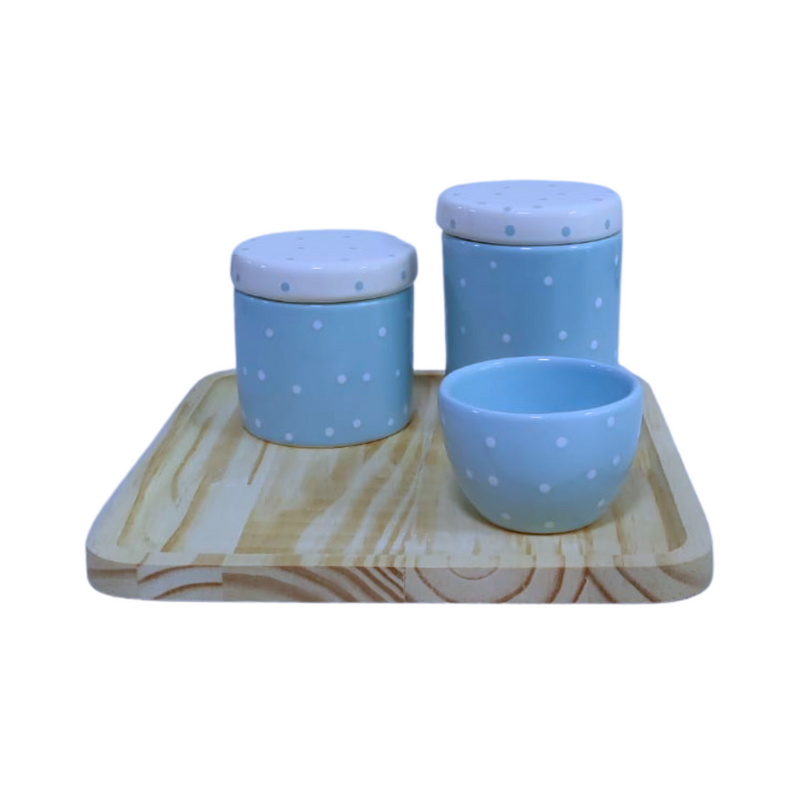 Kit Higiene Porcelana - Poá Azul c/ Tampa Branca - Bandeja Quadrada