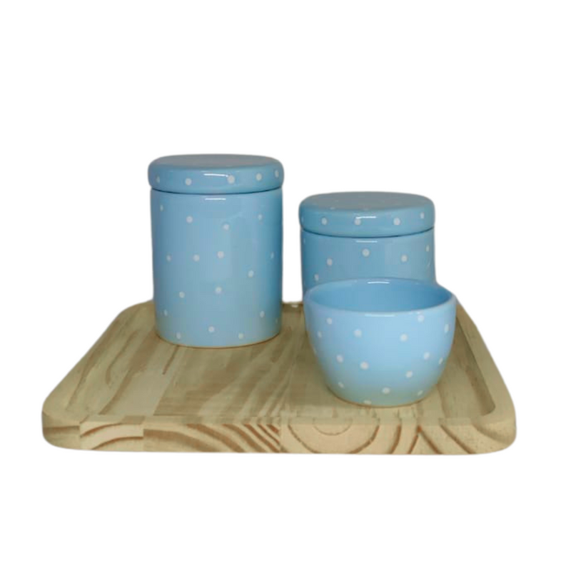Kit Higiene Porcelana - Poá Azul com Bandeja Quadrada