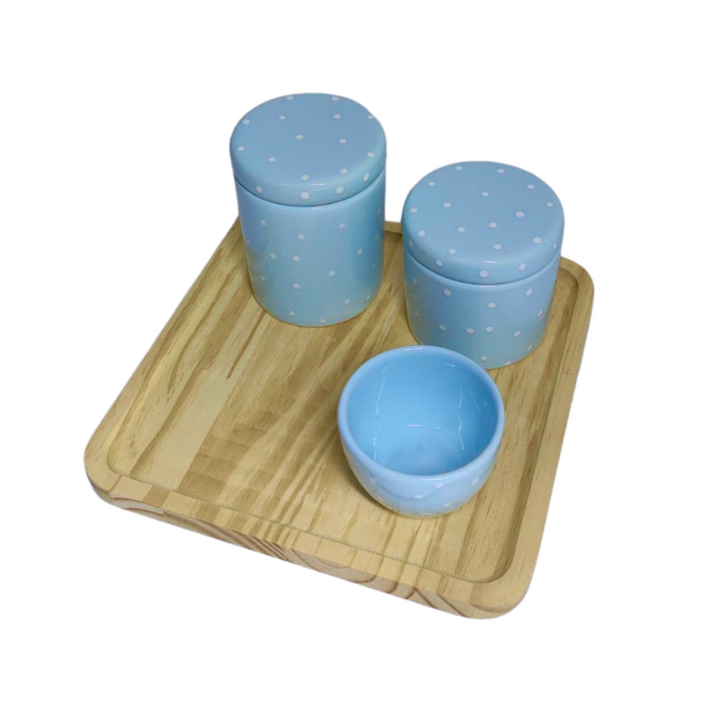 Kit Higiene Porcelana - Poá Azul com Bandeja Quadrada