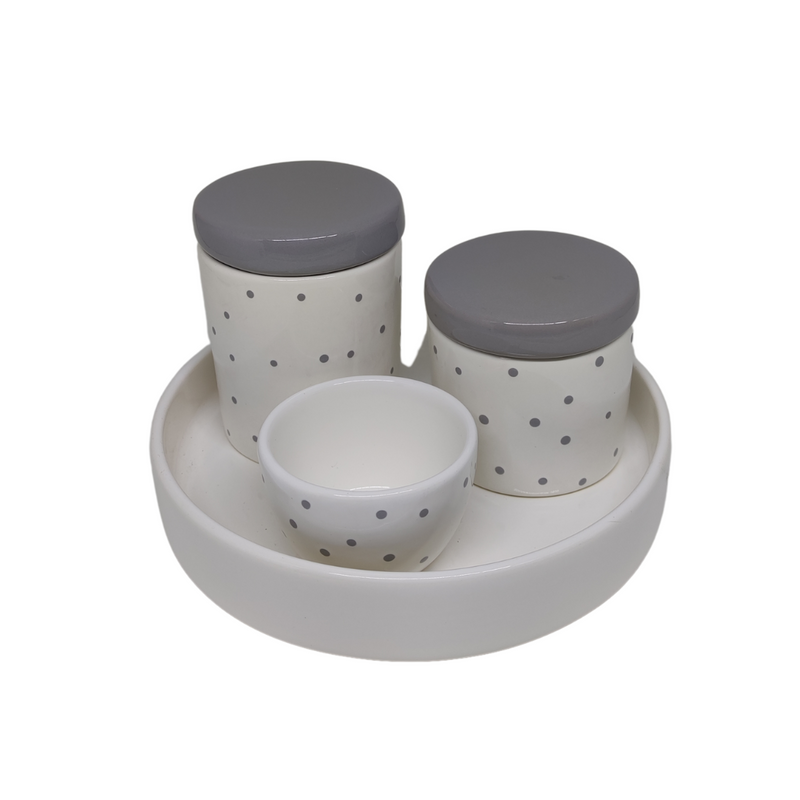 Kit Higiene Porcelana - Poá Cinza com Bandeja Redonda