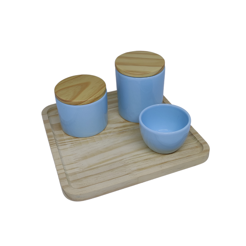 Kit Higiene Porcelana - Azul com Tampa de Bambu - Bandeja Quadrada