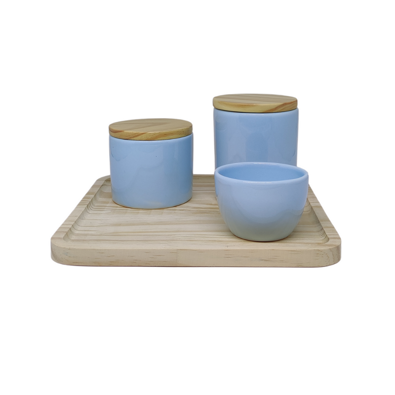 Kit Higiene Porcelana - Azul com Tampa de Bambu - Bandeja Quadrada