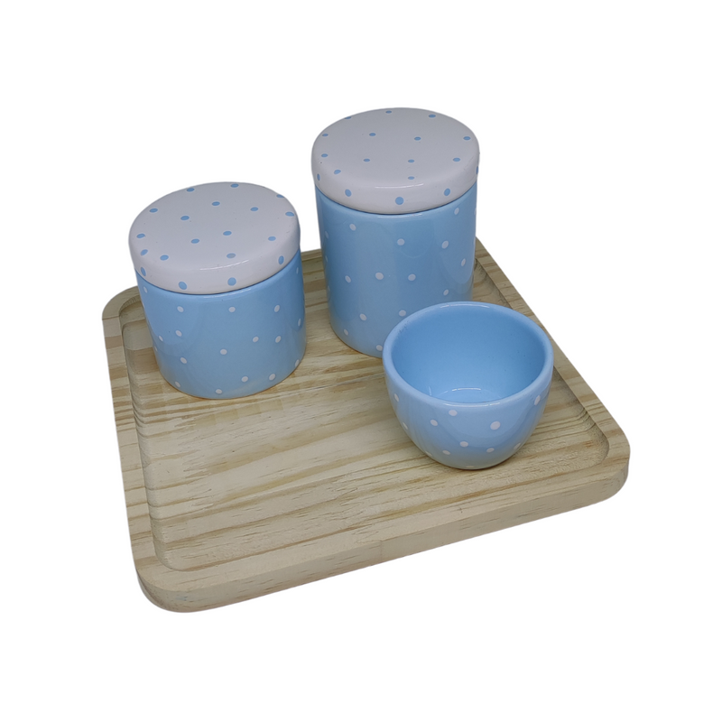 Kit Higiene Porcelana - Poá Azul c/ Tampa Branca - Bandeja Quadrada
