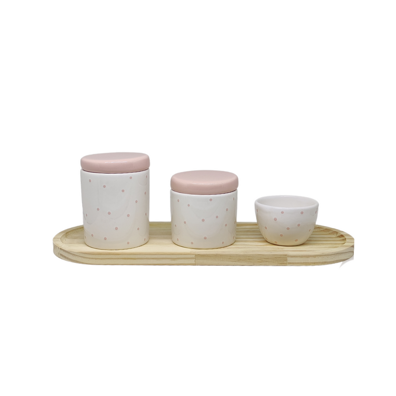 Kit Higiene Porcelana - Poá Rosa com Tampa Rosa - Bandeja Arredondada
