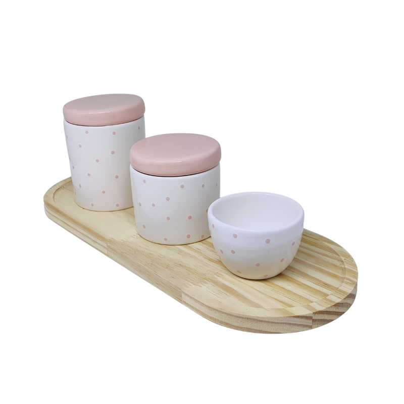 Kit Higiene Porcelana - Poá Rosa com Tampa Rosa - Bandeja Arredondada