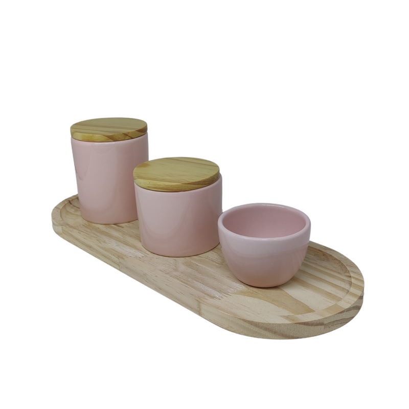 Kit Higiene Porcelana - Rosa com Tampa de Bambu - Bandeja Arredondada