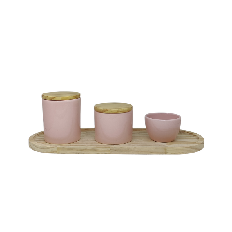 Kit Higiene Porcelana - Rosa com Tampa de Bambu - Bandeja Arredondada